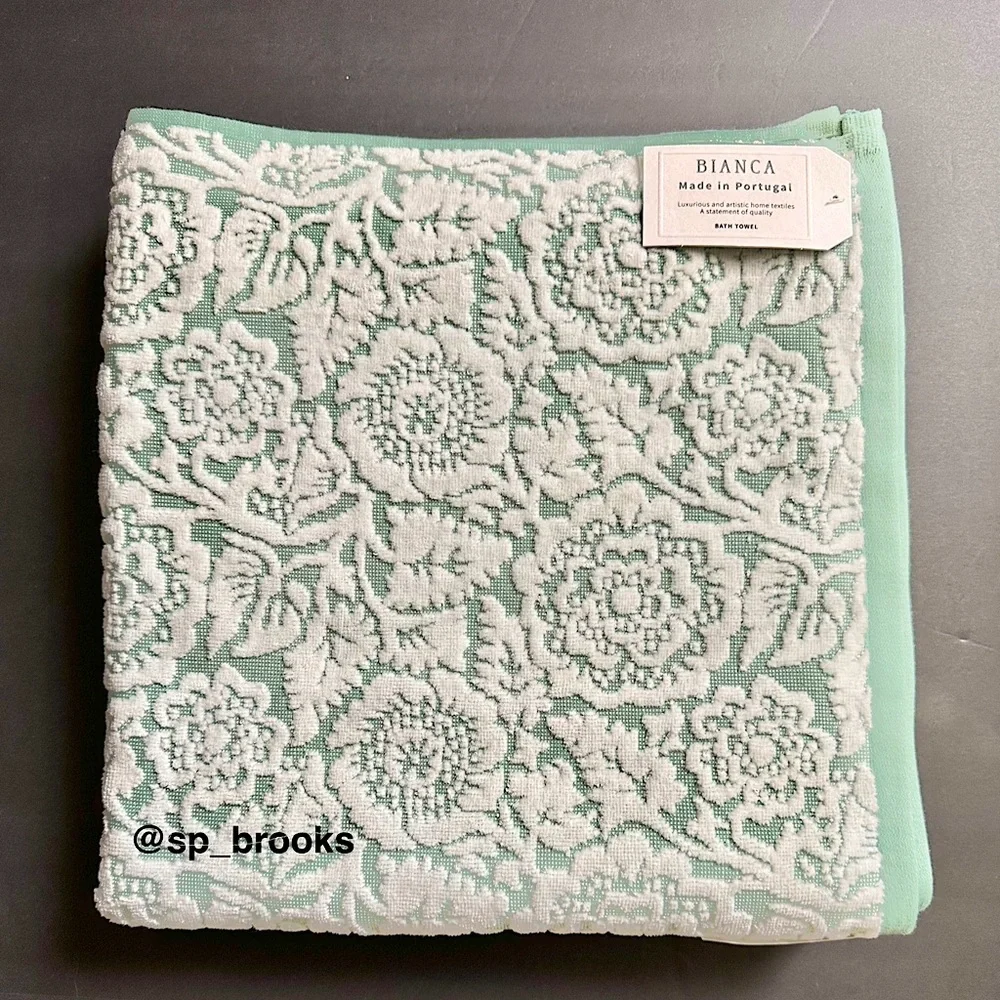 🎁6PC BIANCA Bath Towel Set - Floral Woven Terry Pattern Pastel Green & White